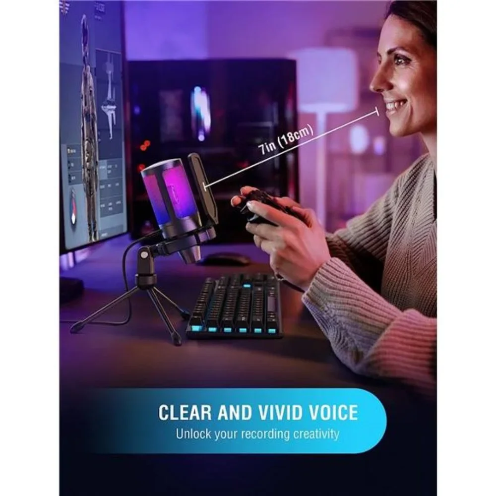 Gaming USB Microphone for PC PS5, Condenser Mic with Quick Mute, RGB Indicator